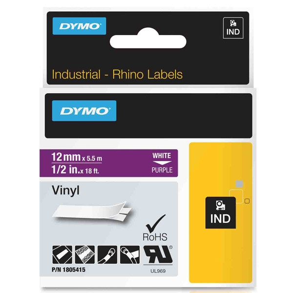 Dymo 1805415 IND Rhino ruban d'étiquettes vinyle 12 mm (d'origine) - blanc sur violet 1805415 088652 - 1