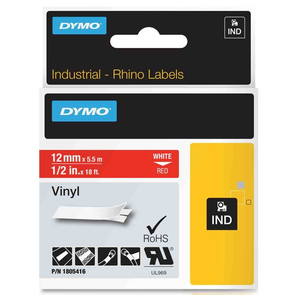 Dymo 1805416 IND Rhino ruban d'étiquettes vinyle 12 mm (d'origine) - blanc sur rouge 1805416 088626 - 1