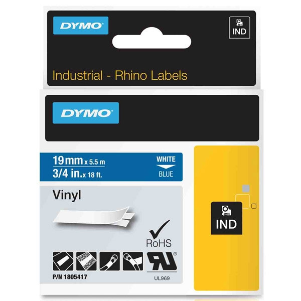Dymo 1805417 IND Rhino ruban d'étiquettes vinyle 19 mm (d'origine) - blanc sur bleu 1805417 088648 - 1