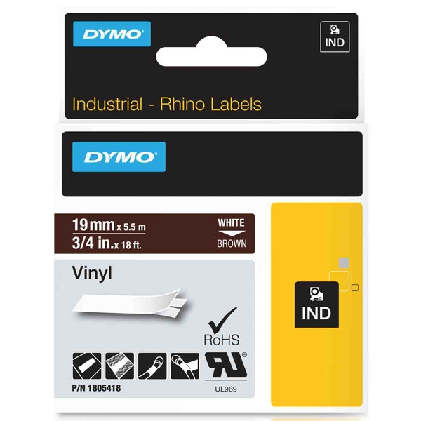 Dymo 1805418 IND Rhino ruban d'étiquettes vinyle 19 mm (d'origine) - blanc sur marron 1805418 088660 - 1