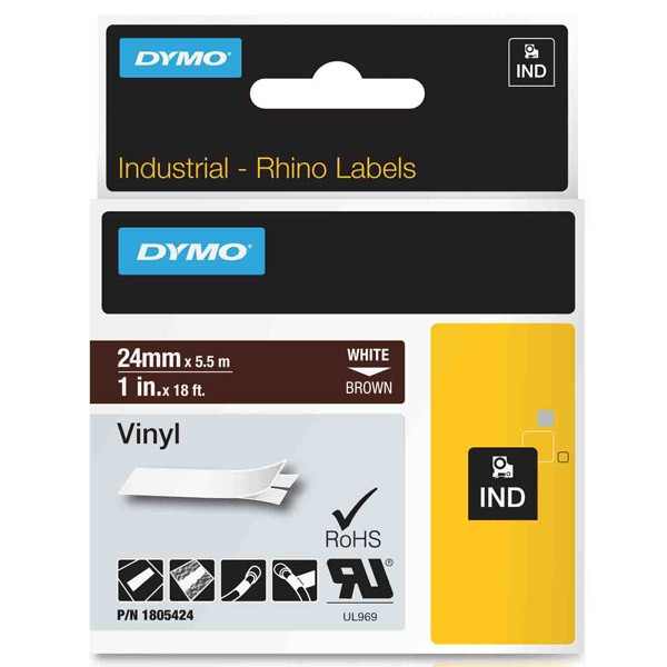 Dymo 1805424 IND Rhino ruban d'étiquettes vinyle blanc sur marron 24 mm (d'origine) 1805424 088662 - 1