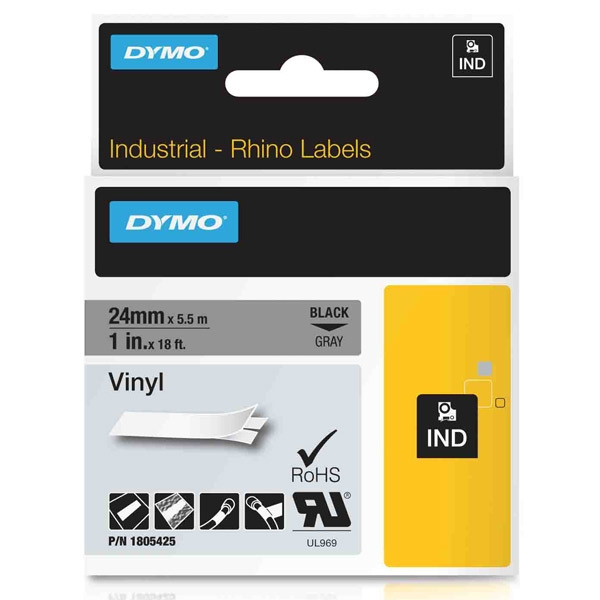 Dymo 1805425 IND Rhino ruban d'étiquettes vinyle noir sur gris 24 mm (d'origine) 1805425 088624 - 1