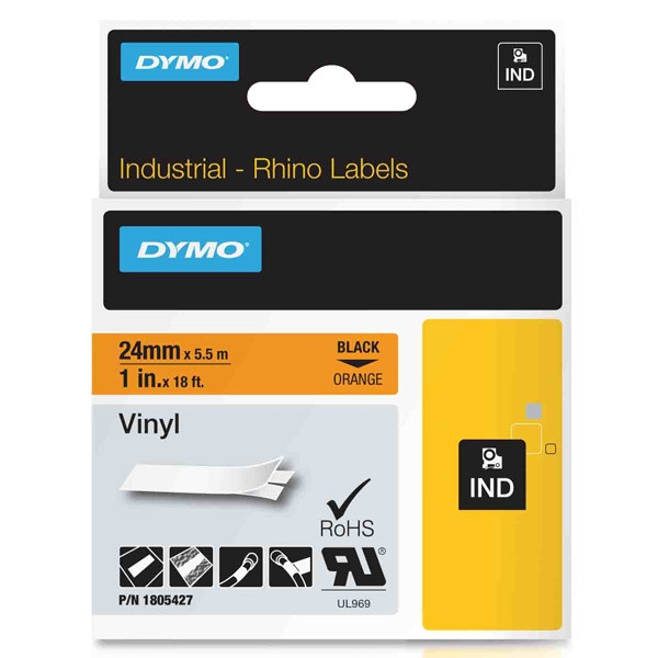 Dymo 1805427 IND Rhino ruban d'étiquettes vinyle noir sur orange 24 mm (d'origine) 1805427 088618 - 1