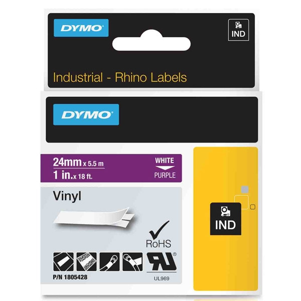 Dymo 1805428 IND Rhino ruban d'étiquettes vinyle blanc sur violet 24 mm (d'origine) 1805428 088656 - 1