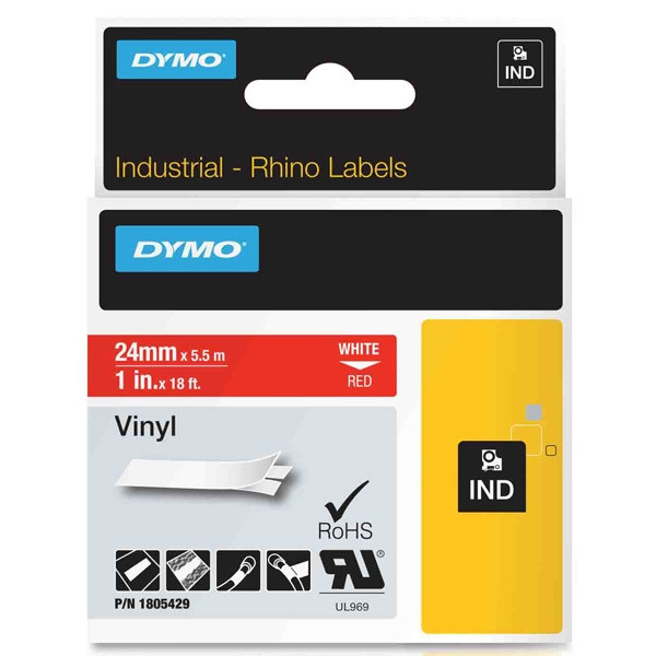 Dymo 1805429 IND Rhino ruban d'étiquettes vinyle blanc sur rouge 24 mm (d'origine) 1805429 088630 - 1