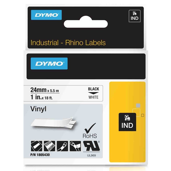 Dymo 1805430 IND Rhino ruban d'étiquettes vinyle 24 mm (d'origine) - noir sur blanc 1805430 088606 - 1