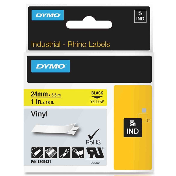 Dymo 1805431 IND Rhino ruban d'étiquettes vinyle 24 mm (d'origine) - noir sur jaune 1805431 088612 - 1