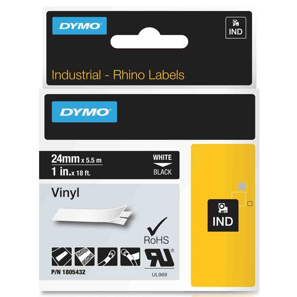 Dymo 1805432 IND Rhino ruban d'étiquettes vinyle blanc sur noir 24 mm (d'origine) 1805432 088638 - 1