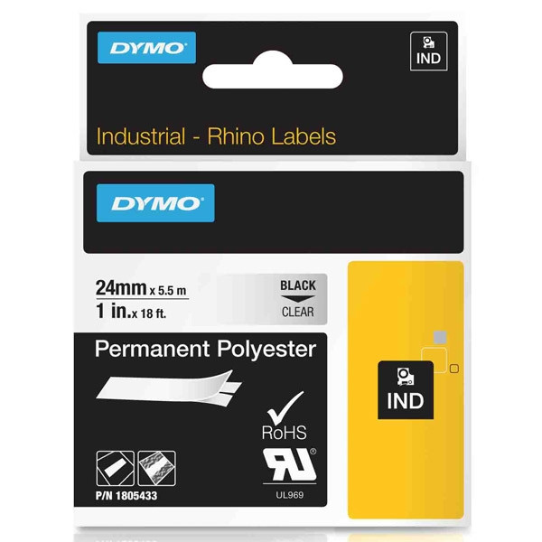 Dymo 1805433 IND Rhino ruban d'étiquettes polyester permanent 24 mm (d'origine) - noir sur transparent 1805433 088682 - 1
