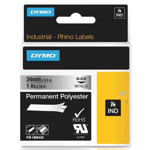 Dymo 1805434 IND Rhino ruban d'étiquettes polyester permanent noir sur métal 24 mm (d'origine) 1805434 088692 - 1