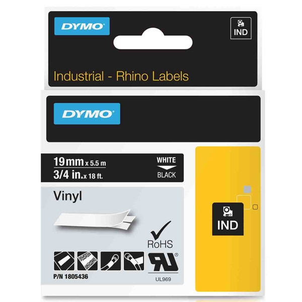 Dymo 1805436 IND Rhino ruban d'étiquettes vinyle 19 mm (d'origine) - blanc sur noir 1805436 088636 - 1
