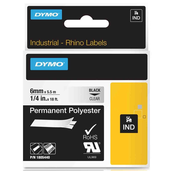 Dymo 1805440 IND Rhino ruban d'étiquettes polyester permanent 6 mm (d'origine) - noir sur transparent 1805440 088674 - 1