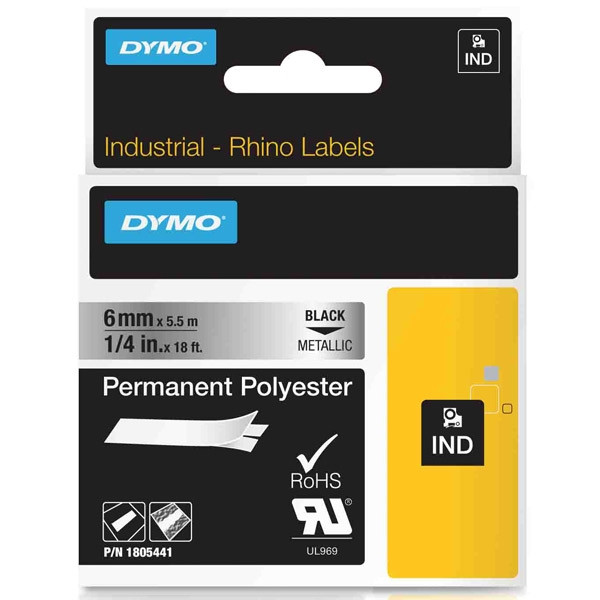 Dymo 1805441 IND Rhino ruban d'étiquettes polyester permanent 6 mm (d'origine) - noir sur métallique 1805441 088684 - 1