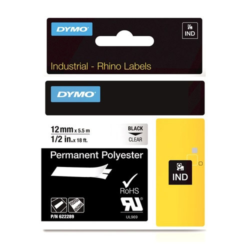 Dymo 622289 IND Rhino ruban d'étiquettes permanentes polyester 12 mm (d'origine) - noir sur transparent 622289 088678 - 1