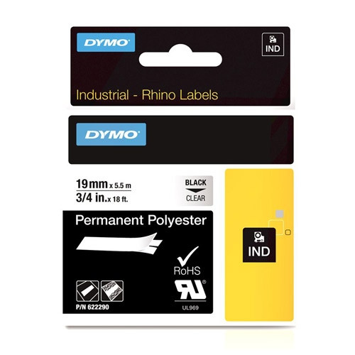 Dymo 622290 IND Rhino ruban d'étiquettes permanentes polyester 19 mm (d'origine) - noir sur transparent 622290 088680 - 1