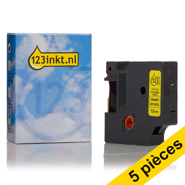 Dymo Offre : 5x Dymo S0718450/18432 IND Rhino ruban vinyle 12 mm (marque 123encre) - noir sur jaune S0718450C 650584 - 1