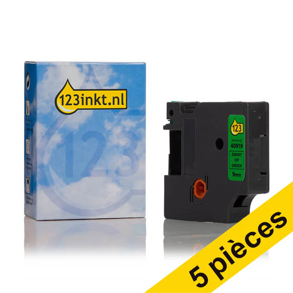 Offre : 5x Dymo S0720740/40919 ruban d'étiquettes 9 mm (marque 123encre) - noir sur vert 650866 - 1