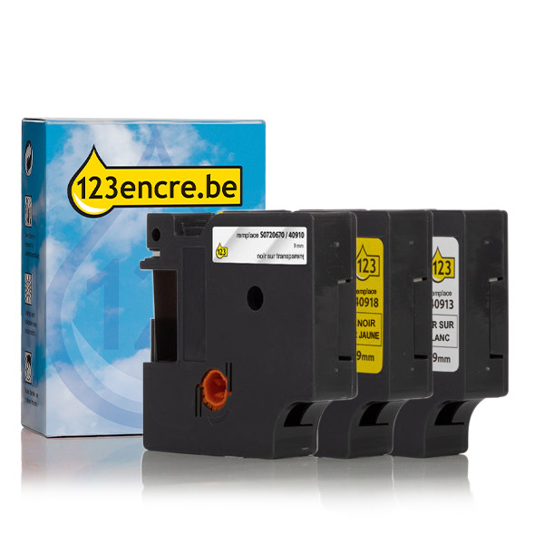 Dymo Offre : Marque 123encre remplace Dymo D1 9 mm multipack de ruban d'étiquettes (noir sur blanc, noir sur transparent et noir sur jaune) S0720670C S0720680C S0720730C 089229 - 1