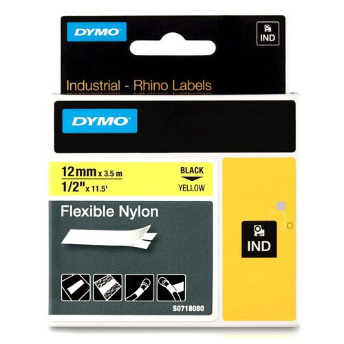 Dymo S0718080/18490 IND Rhino ruban d'étiquettes nylon flexible 12 mm (d'origine) - noir sur jaune 18490 S0718080 088720 - 1