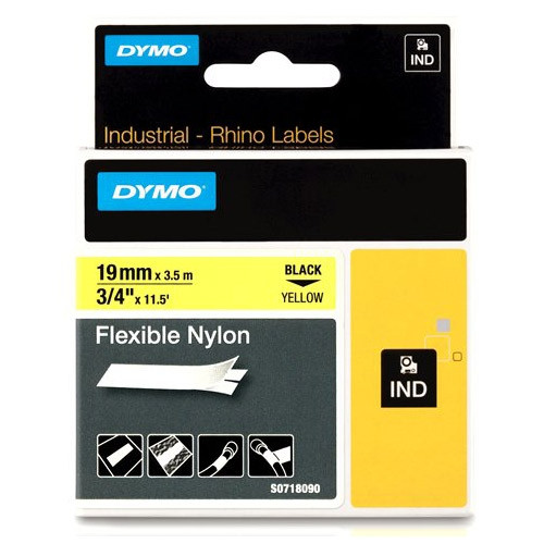 Dymo S0718090/18491 IND Rhino ruban d'étiquettes nylon flexible 19 mm (d'origine) - noir sur jaune 18491 S0718090 088722 - 1