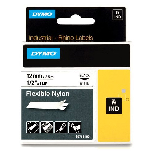 Dymo S0718100/18488 IND Rhino ruban d'étiquettes nylon flexible 12 mm (d'origine) - noir sur blanc 18488 088714 - 1