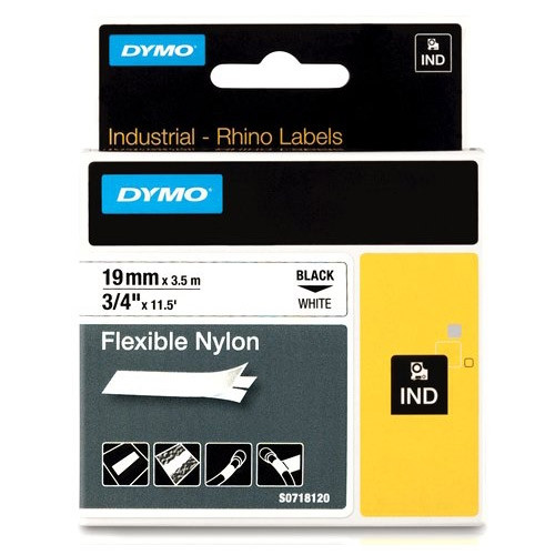 Dymo S0718120/18489 IND Rhino ruban d'étiquettes nylon flexible 19 mm (d'origine) - noir sur blanc 18489 S0718120 088716 - 1