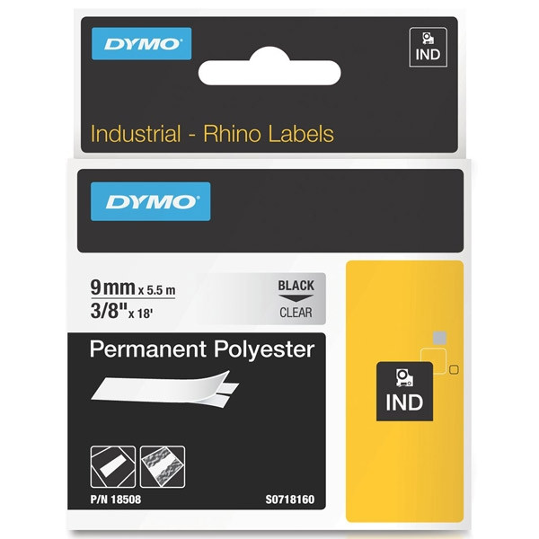 Dymo S0718160/18508DMO IND Rhino ruban d'étiquettes permanentes polyester 9 mm (d'origine) - noir sur transparent 18508DMO S0718160 088676 - 1