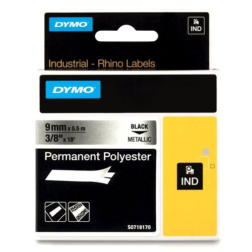 Dymo S0718170/18485 IND Rhino ruban d'étiquettes permanentes polyester 9 mm (d'origine) - noir sur métallique 18485 SS071817 088686 - 1
