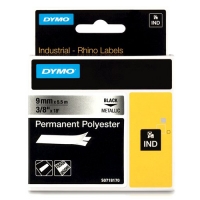 Dymo S0718170/18485 IND Rhino ruban d'étiquettes permanentes polyester 9 mm (d'origine) - noir sur métallique 18485 SS071817 088686