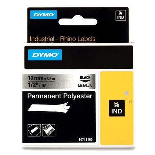 Dymo S0718180/18486 IND Rhino ruban d'étiquettes permanentes polyester 12 mm (d'origine) - noir sur métallique 18486 088688 - 1