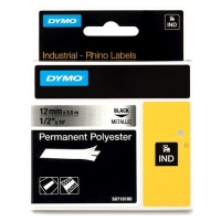 Dymo S0718180/18486 IND Rhino ruban d'étiquettes permanentes polyester 12 mm (d'origine) - noir sur métallique 18486 088688