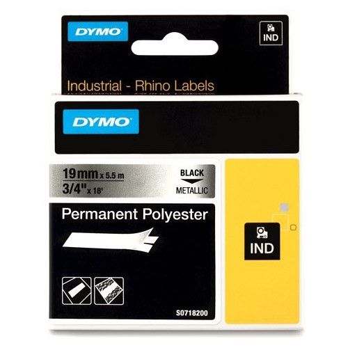 Dymo S0718200/18487 IND Rhino ruban d'étiquettes permanentes polyester 19 mm (d'origine) - noir sur métallique 18487 088690 - 1