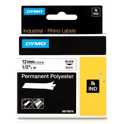 Dymo S0718210/18483 IND Rhino ruban d'étiquettes permanentes polyester 12 mm (d'origine) - noir sur blanc 18483 S0718210 088668 - 1