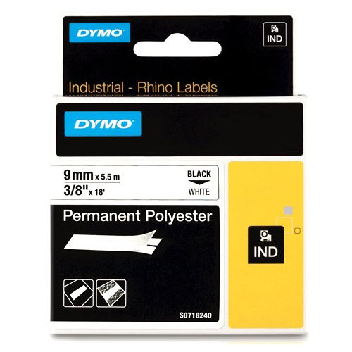 Dymo S0718240/18482 IND Rhino ruban d'étiquettes permanentes polyester 9 mm (d'origine) - noir sur blanc 18482 S0718240 088666 - 1
