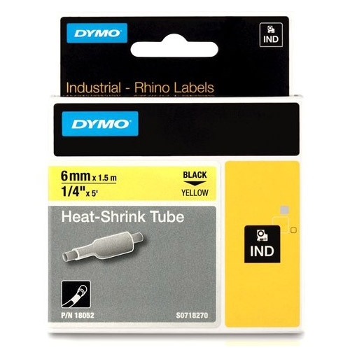 Dymo S0718270/18052 IND Rhino ruban d'étiquettes thermorétractables 6 mm (d'origine) - noir sur jaune 18052 088704 - 1