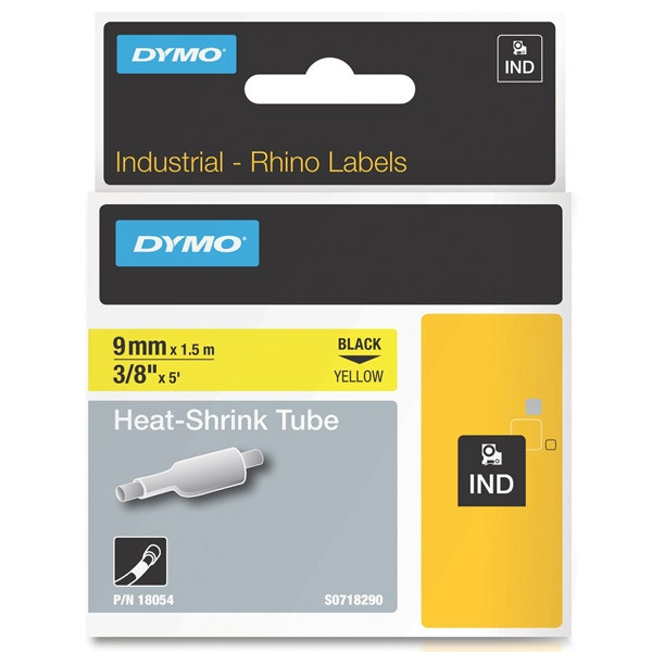 Dymo S0718290/18054 IND Rhino ruban d'étiquettes thermorétractables 9 mm (d'origine) - noir sur jaune 18054 088706 - 1