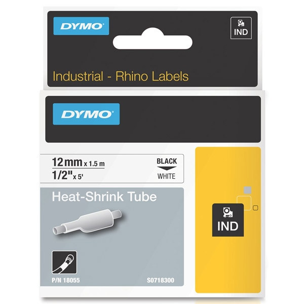 Dymo S0718300/18055 IND Rhino ruban d'étiquettes thermorétractables 12 mm (d'origine) - noir sur blanc 18055 088698 - 1