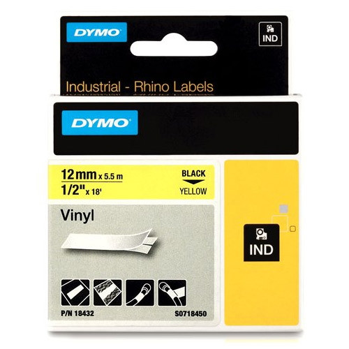 Dymo S0718450/18432 IND Rhino ruban d'étiquettes vinyle 12 mm (d'origine) - noir sur jaune 18432 S0718450 088608 - 1