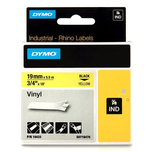 Dymo S0718470/18433 IND Rhino ruban d'étiquettes vinyle 19 mm (d'origine) - noir sur jaune 18433 S0718470 088610 - 1