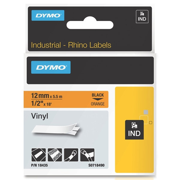 Dymo S0718490/18435 IND Rhino ruban d'étiquettes adhésif vinyle 12 mm (d'origine) - noir sur orange 18435 S0718490 088614 - 1