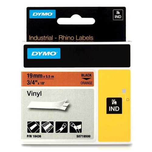 Dymo S0718500/18436 IND Rhino ruban d'étiquettes vinyle 19 mm (d'origine) - noir sur orange 18436 S0718500 088616 - 1