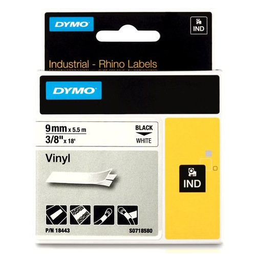 Dymo S0718580/18443 IND Rhino ruban d'étiquettes vinyle 9 mm (d'origine) - noir sur blanc 18443 S0718580 088600 - 1