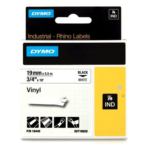 Dymo S0718620/18445 IND Rhino ruban adhésif vinyle 19 mm (d'origine) - noir sur blanc 18445 088604 - 1