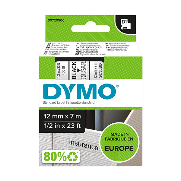 Dymo S0720500/45010 ruban d'étiquettes 12 mm (d'origine) - noir sur transparent S0720500 088200 - 1