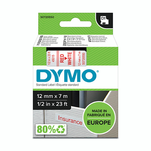 Dymo S0720550/45015 ruban d'étiquettes 12 mm (d'origine) - rouge sur blanc S0720550 088210 - 1