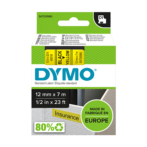 Dymo S0720580/45018 ruban d'étiquettes 12 mm (d'origine) - noir sur jaune S0720580 088216 - 1