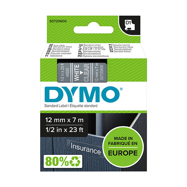 Dymo S0720600/45020 ruban d'étiquettes 12 mm (d'origine) - blanc sur transparent S0720600 088220 - 1