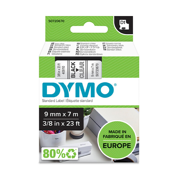 Dymo S0720670/40910 ruban d'étiquettes 9 mm (d'origine) - noir sur transparent S0720670 088100 - 1