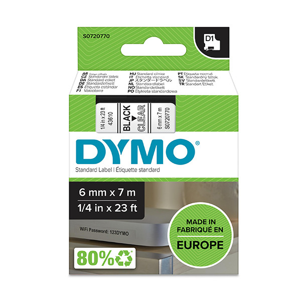 Dymo S0720770/43610 ruban d'étiquettes 6 mm (d'origine) - noir sur transparent S0720770 088002 - 1