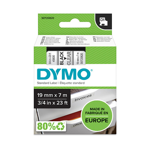 Dymo S0720820/45800 ruban d'étiquettes 19 mm (d'origine) - noir sur transparent S0720820 088400 - 1